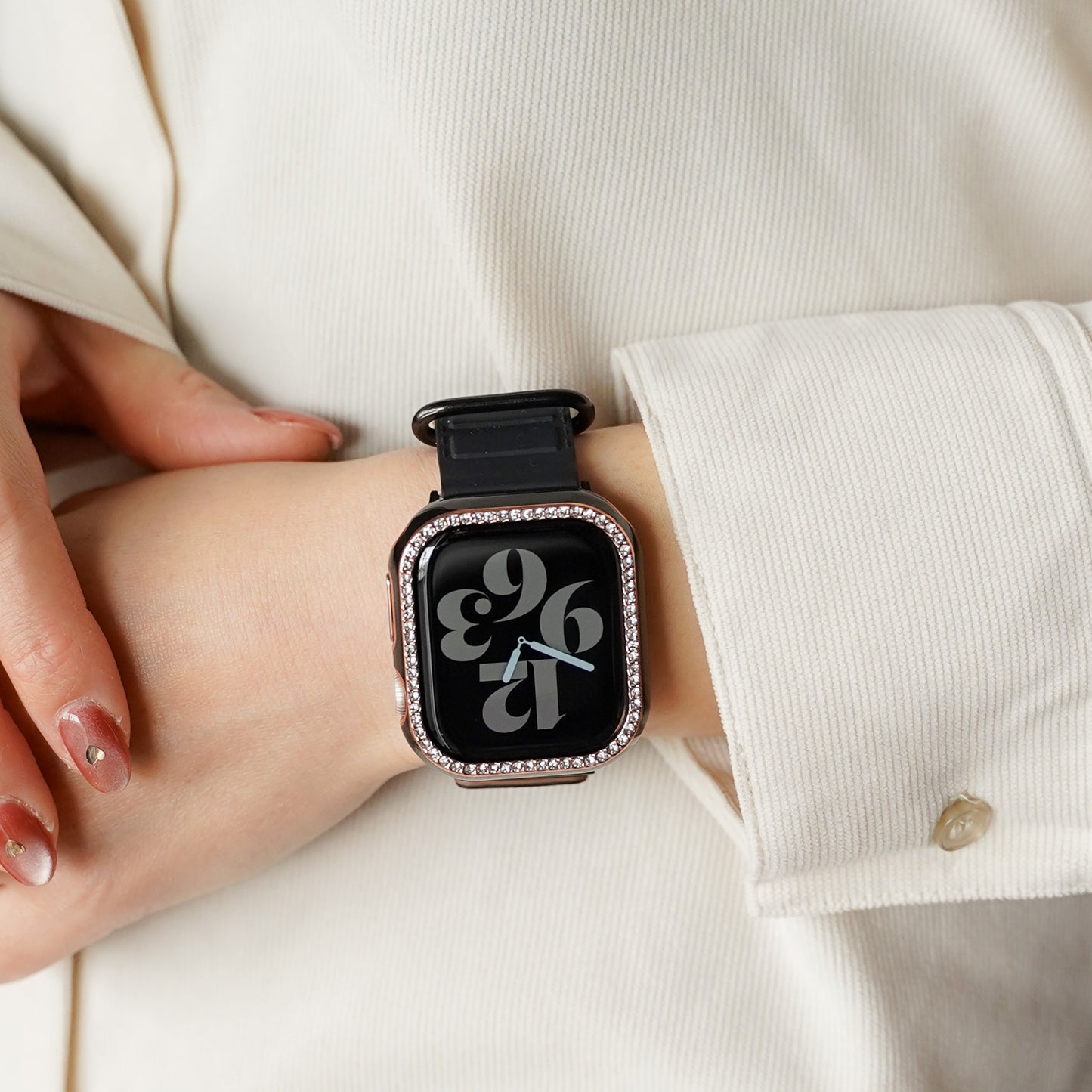 ローズゴールドライン×キラキラ ストーン 保護フレーム ガラスなし ハードタイプ アップルウォッチ ケース Apple Watch