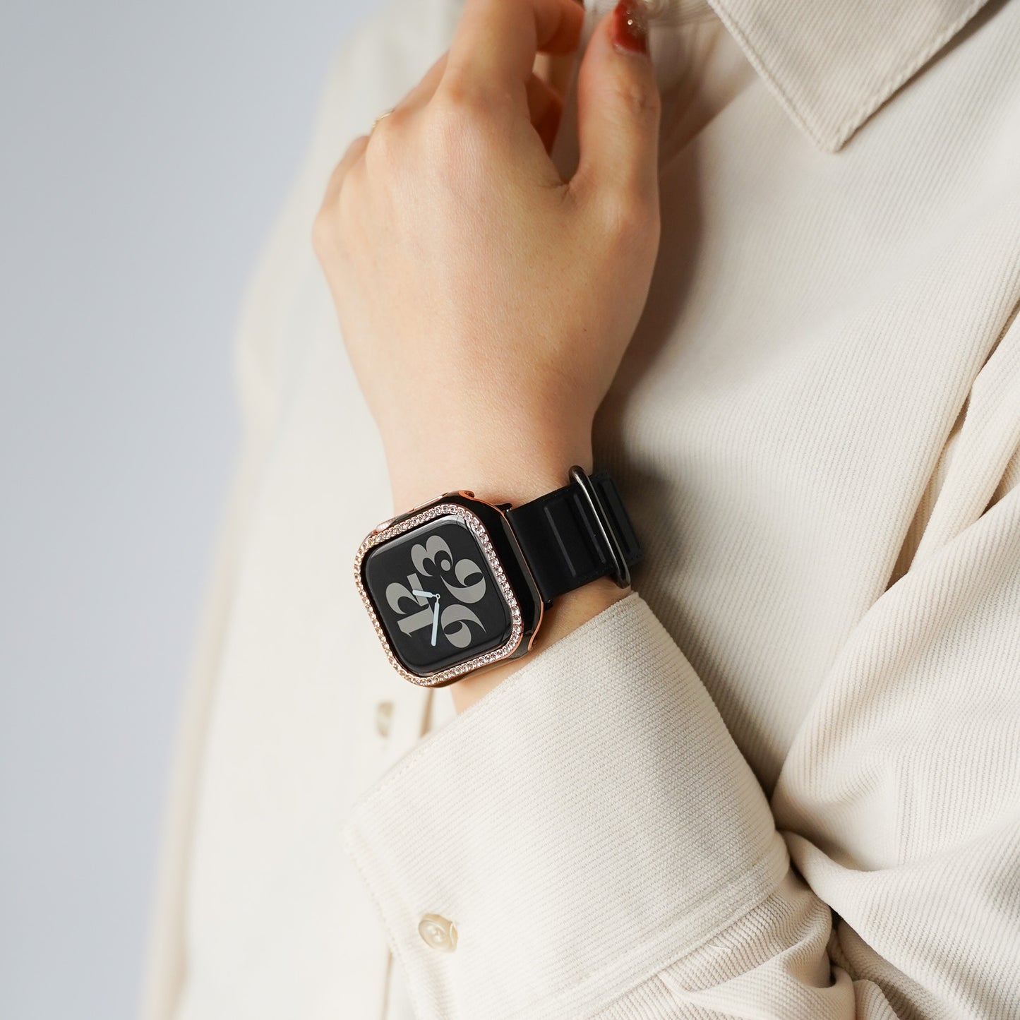 ローズゴールドライン×キラキラ ストーン 保護フレーム ガラスなし ハードタイプ アップルウォッチ ケース Apple Watch
