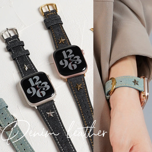 デニムレザー×スタッズ アップルウォッチバンド Apple Watch ベルト
