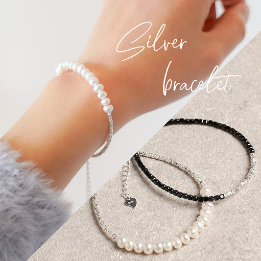 Bracelet Silver Freshwater Pearl Stackable Black Spinel Natural Stone