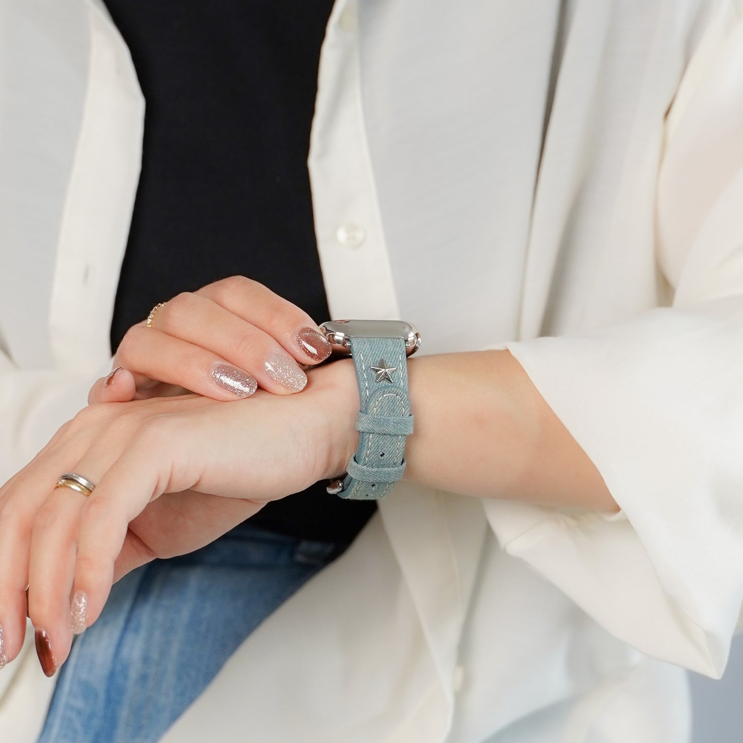 【NEW】デニムレザー×スタッズ アップルウォッチバンド Apple Watch ベルト