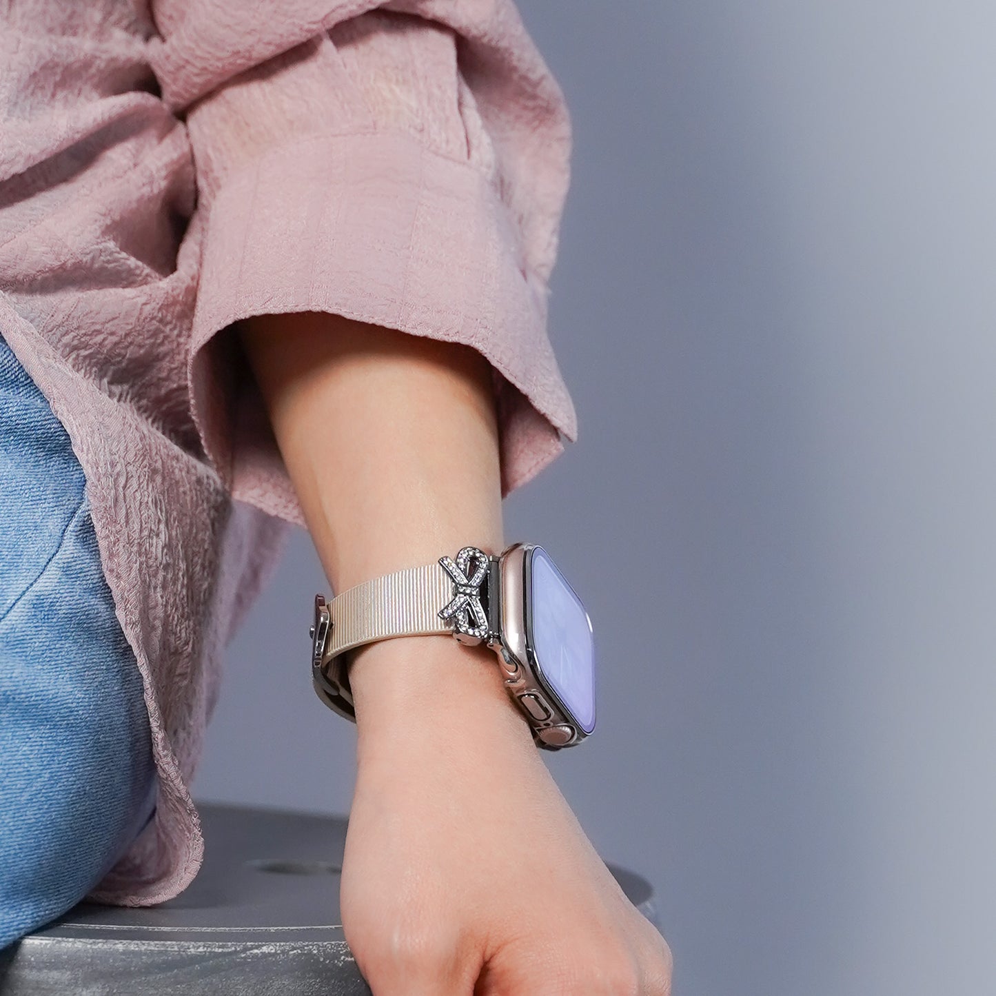 リボンチャーム シャイニー ファブリックレザー アップルウォッチバンド Apple Watch ベルト