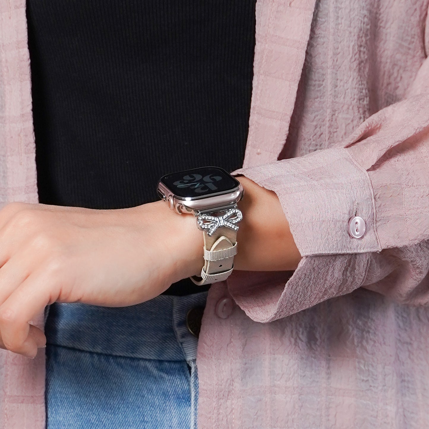 リボンチャーム シャイニー ファブリックレザー アップルウォッチバンド Apple Watch ベルト