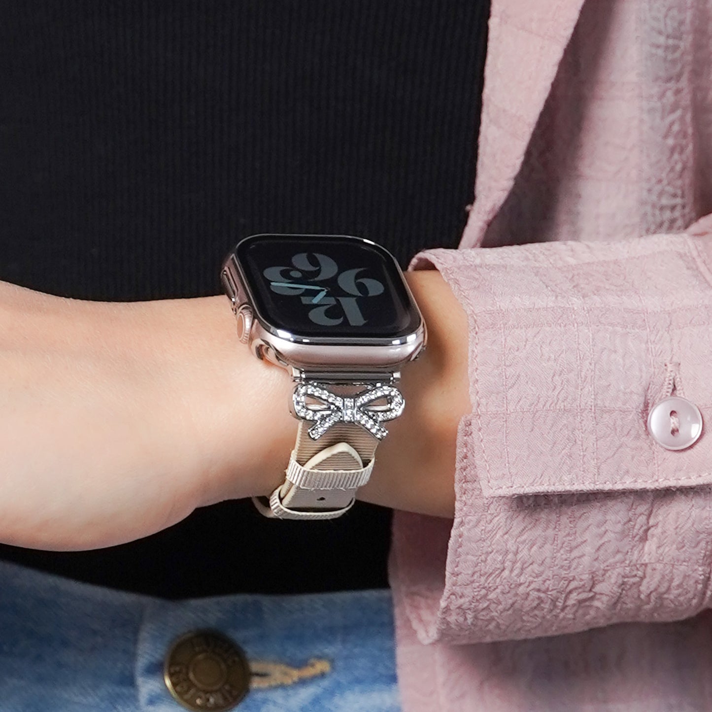 リボンチャーム シャイニー ファブリックレザー アップルウォッチバンド Apple Watch ベルト