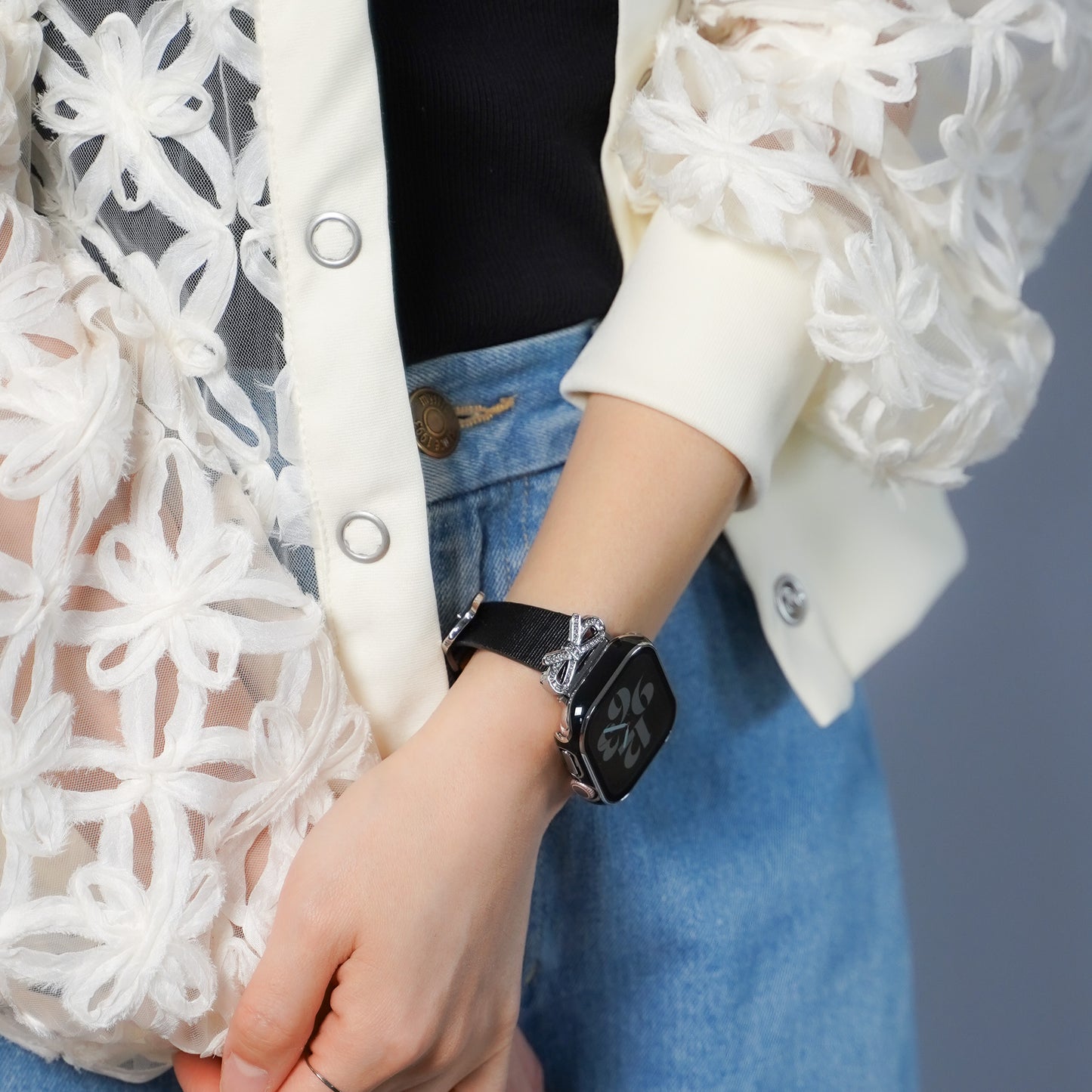 リボンチャーム シャイニー ファブリックレザー アップルウォッチバンド Apple Watch ベルト