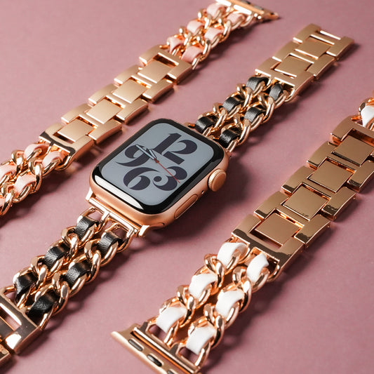 Double Chain x Leather Silver Rose Gold Apple Watch Band Apple Watch